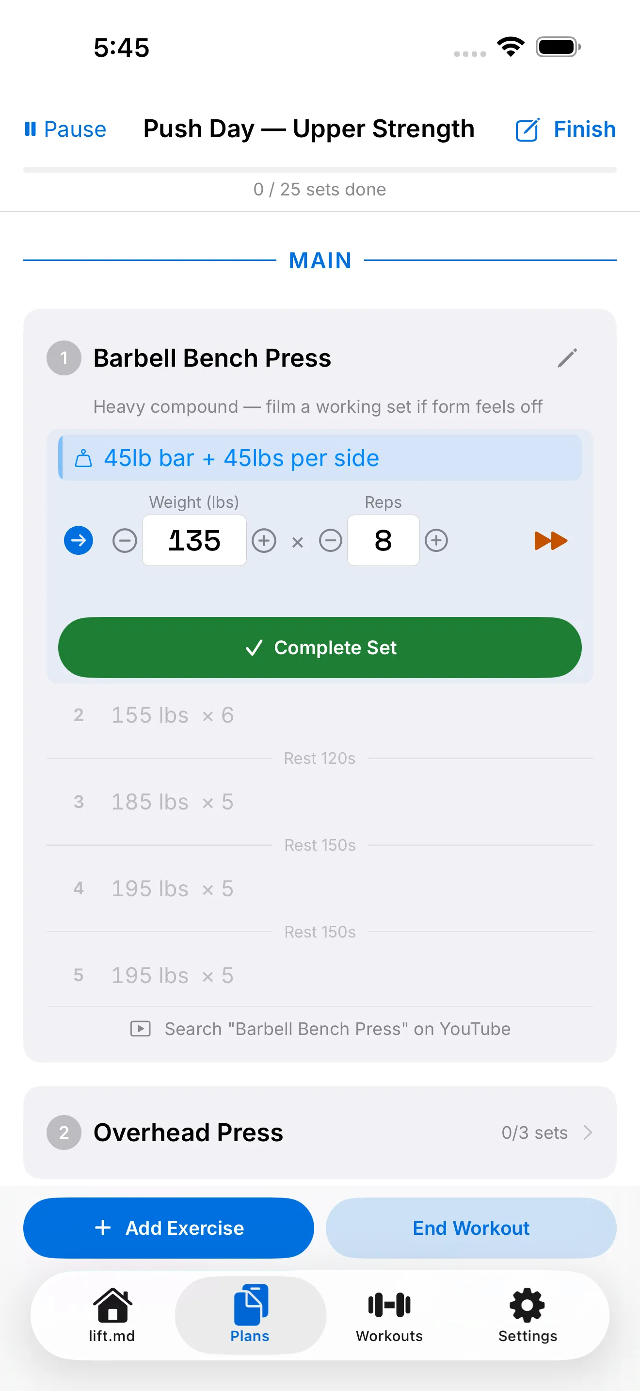 lift.md active workout screen tracking sets