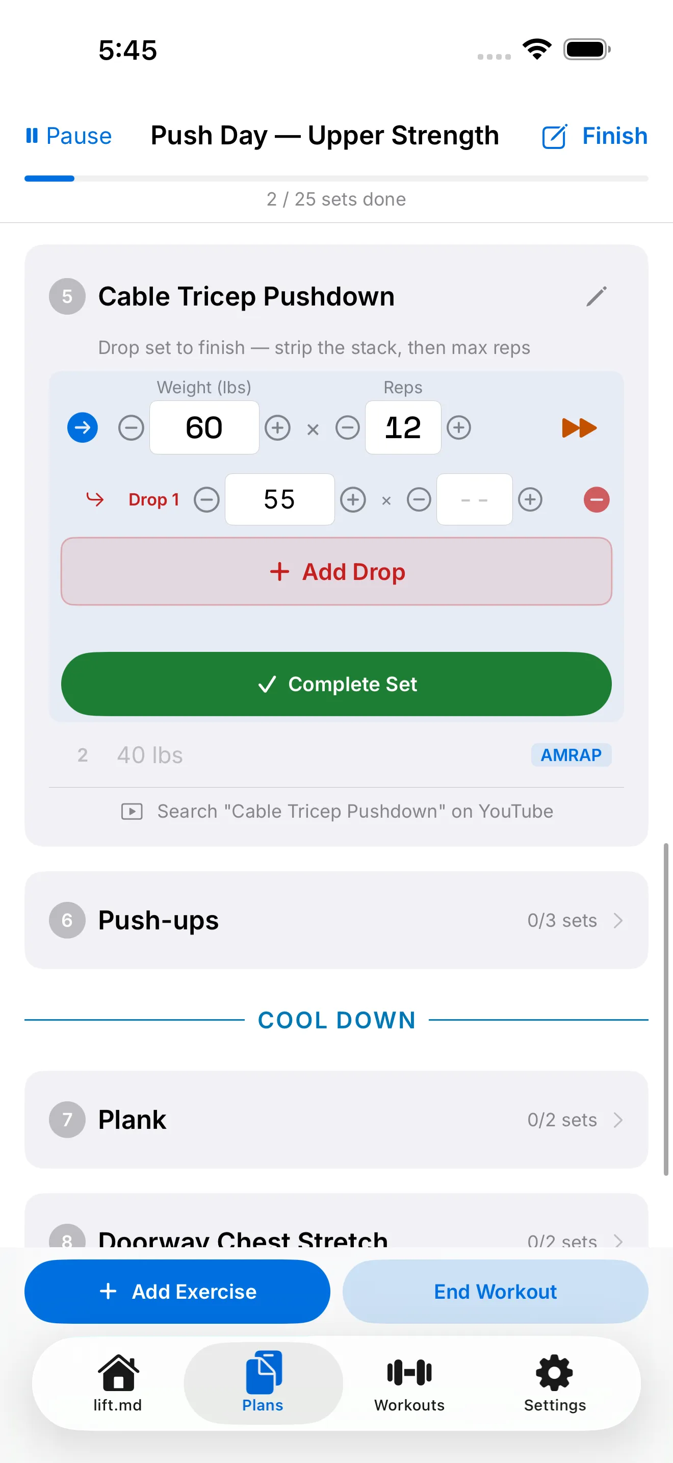 lift.md active workout with AMRAP and drop sets